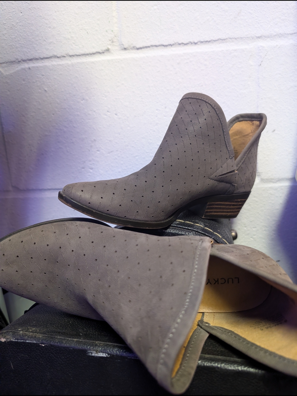 Lucky Brand Gray Perforated Pointed Ankle Booties